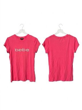 bebe Hot Pink Crystal Logo Short Sleeve Tee